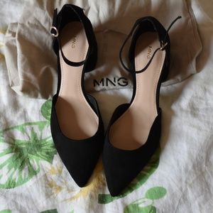 Mango Black Point Toe Block Heels with Ankle Strap